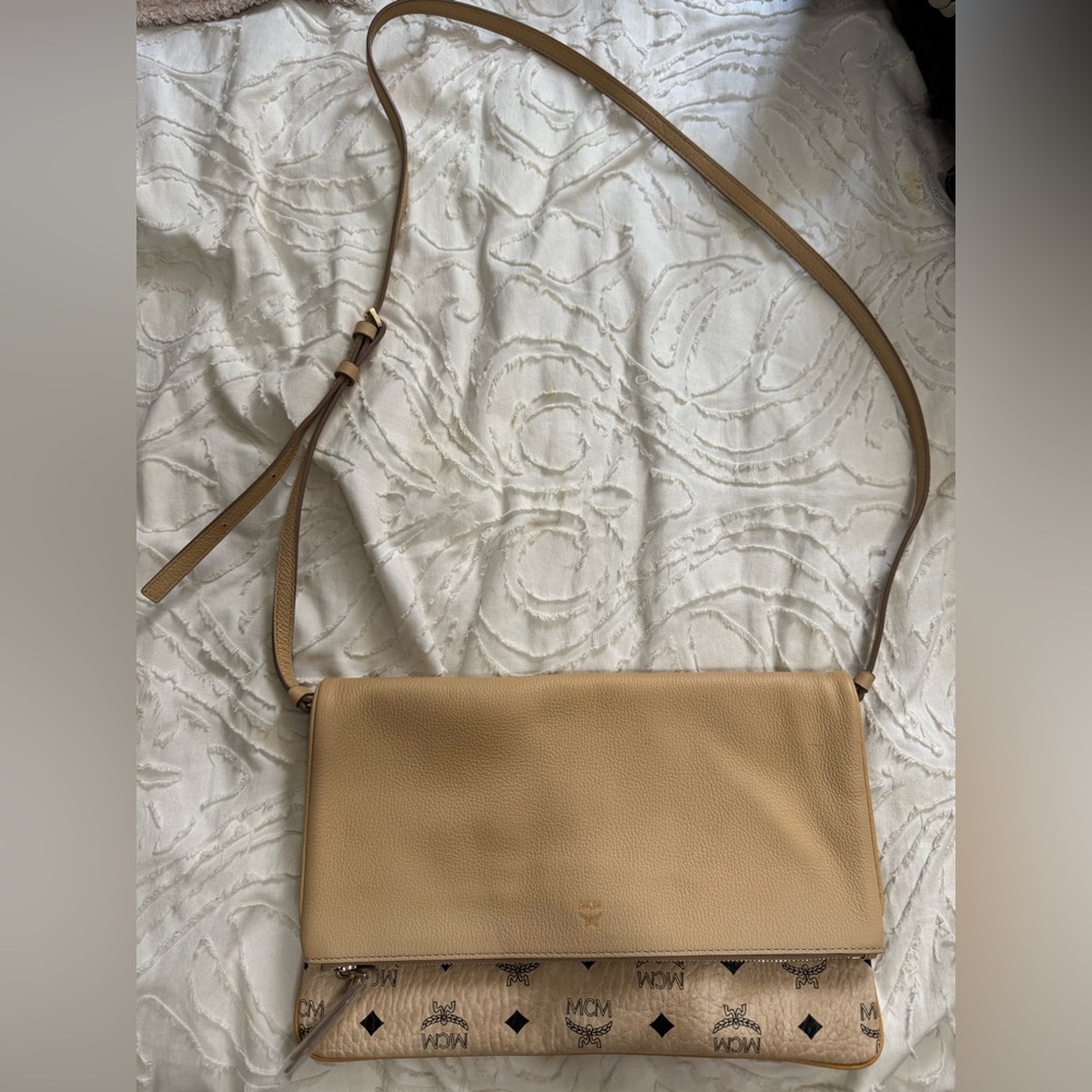 MCM corina leather & visetos canvas foldover crossbody bag